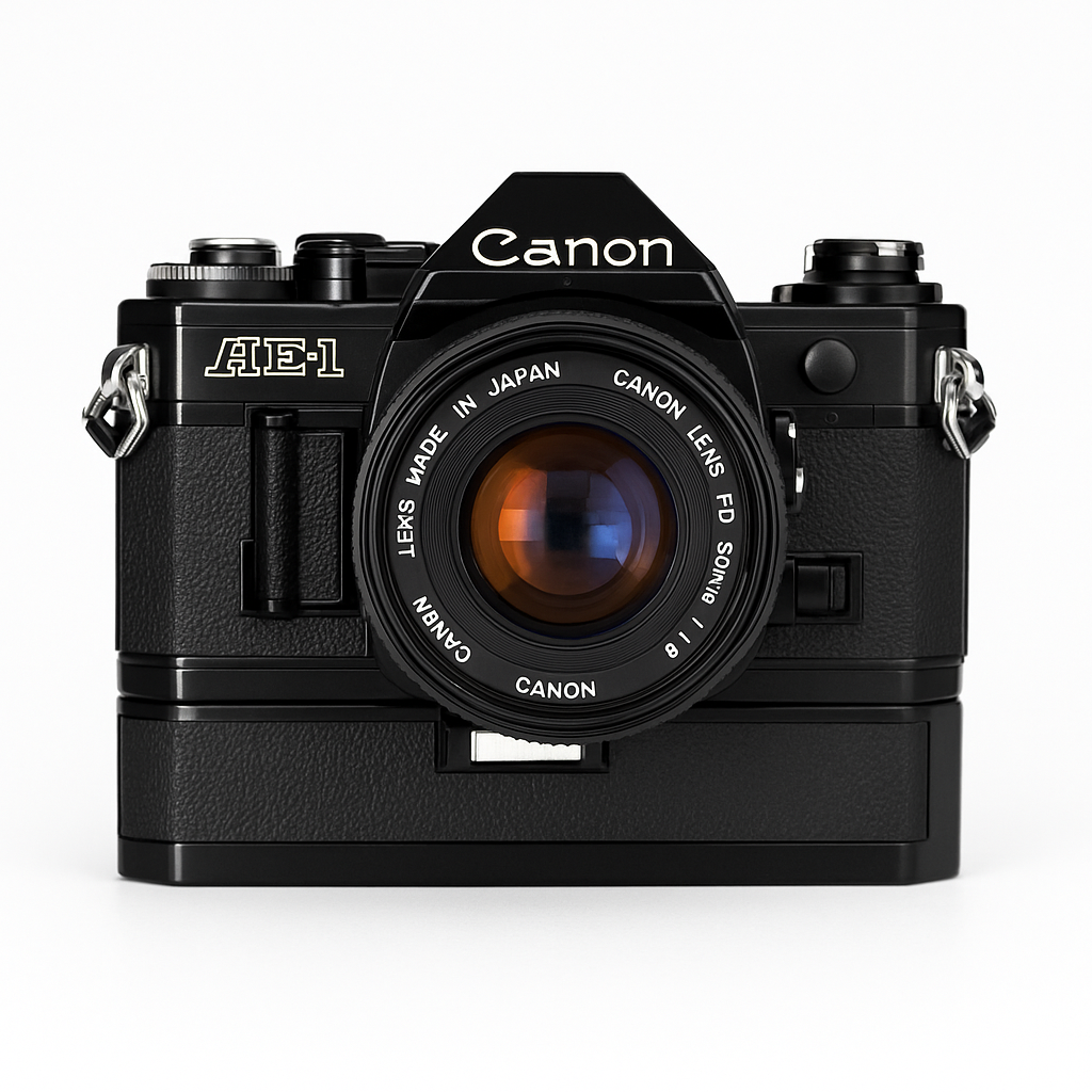 Canon AE-1 Negra con Motor Drive – Cámara Analógica 35mm Legendaria